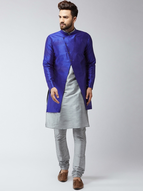 

SOJANYA Men Grey & Blue Self-Design Sherwani Set