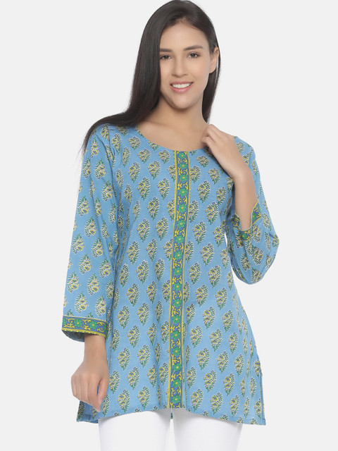 

Resha Women Blue & Green Block Printed Pure Cotton Handloom Straight Kurti