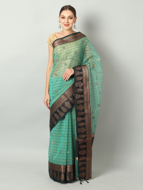 

EthnicRoom Sea Green & Black Organza Checked Handloom Banarasi Saree