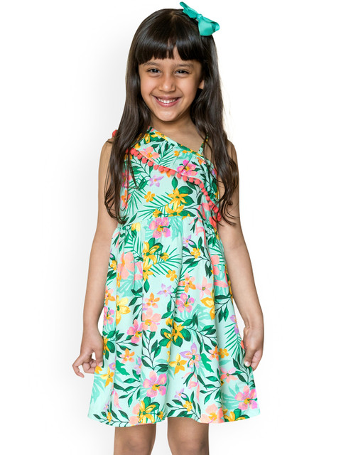 

Campana Girls Off-White & Green Printed Fit and Flare Dress
