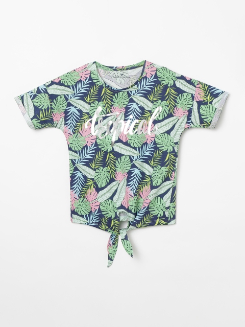 Fame Forever by Lifestyle Girls Navy Blue & Green Printed Pure Cotton Top