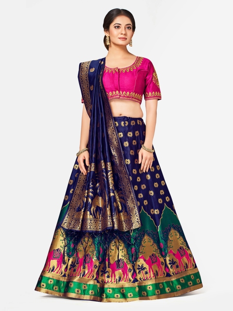 

MIMOSA Navy Blue & Pink Embroidered Semi-Stitched Lehenga & Blouse with Dupatta