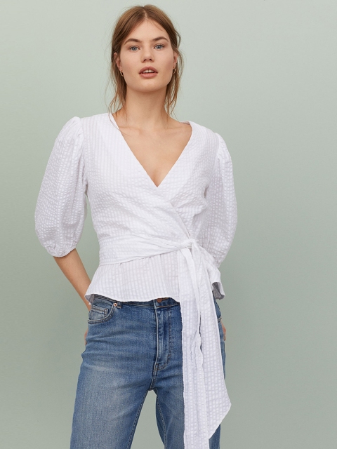 

H&M White Puff-Sleeved Wrapover Blouse