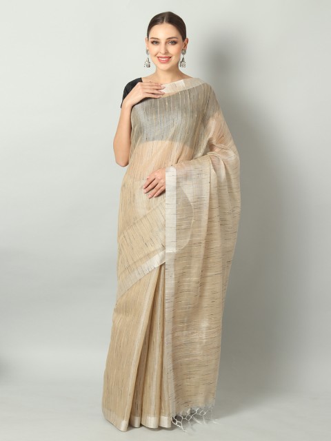 

EthnicRoom Beige Linen Blend Striped Handloom Banarasi Saree
