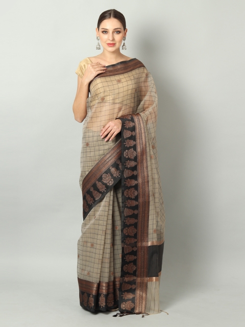 EthnicRoom Grey & Black Organza Checked Handloom Banarasi Saree