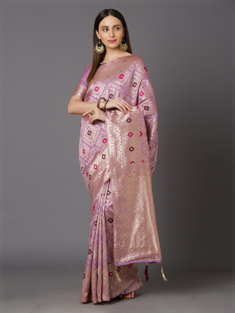 

Mitera Mauve & Gold-Toned Silk Blend Woven Design Kanjeevaram Saree