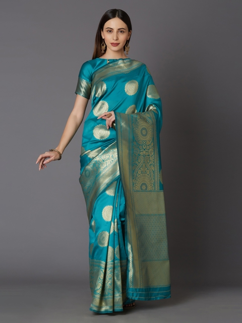 

Mitera Turquoise Blue & Gold-Toned Silk Blend Woven Design Kanjeevaram Saree