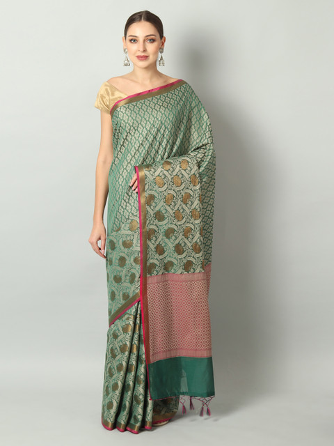 

EthnicRoom Green & Gold-Toned Handloom Woven Design Banarasi Saree