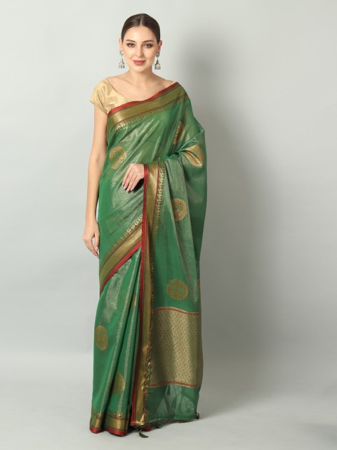 

EthnicRoom Green & Gold-Toned Handloom Woven Design Chanderi Saree