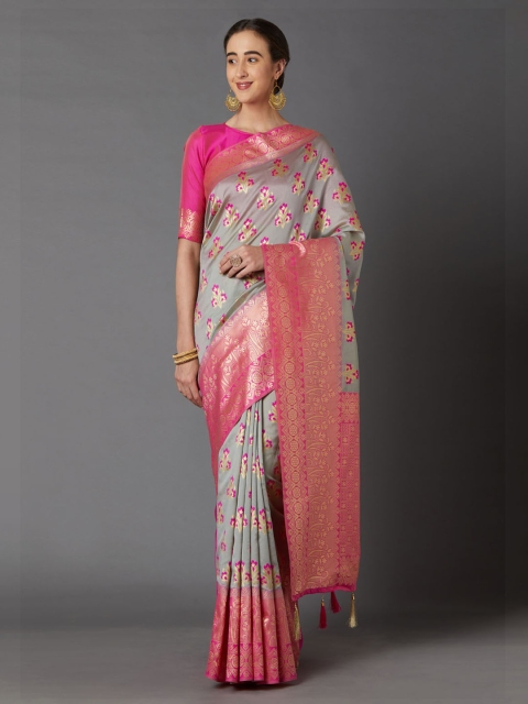 

Mitera Grey & Pink Silk Blend Woven Design Kanjeevaram Saree