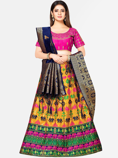 

MIMOSA Navy Blue & Pink Embroidered Semi-Stitched Lehenga & Blouse with Dupatta