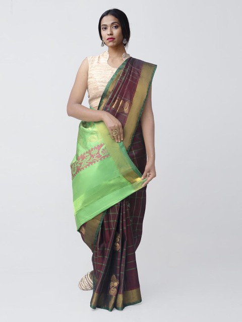 

Unnati Silks Maroon & Gold-Coloured Silk Cotton Woven Design Uppada Handloom Saree