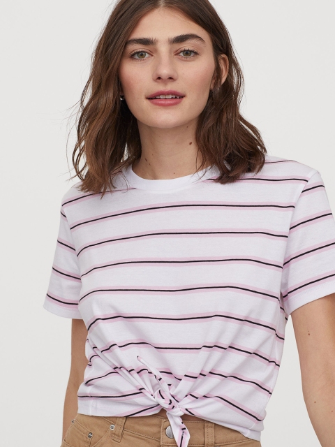 

H&M Women White & Pink Tie-Hem T-shirt