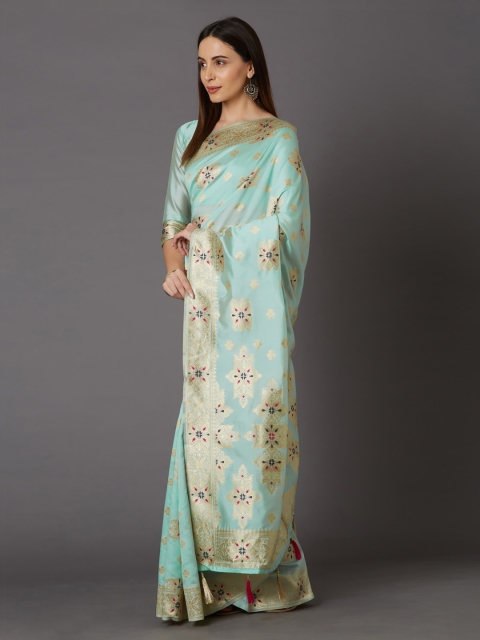 

Mitera Turquoise Blue & Gold-Coloured Silk Blend Woven Design Kanjeevaram Saree