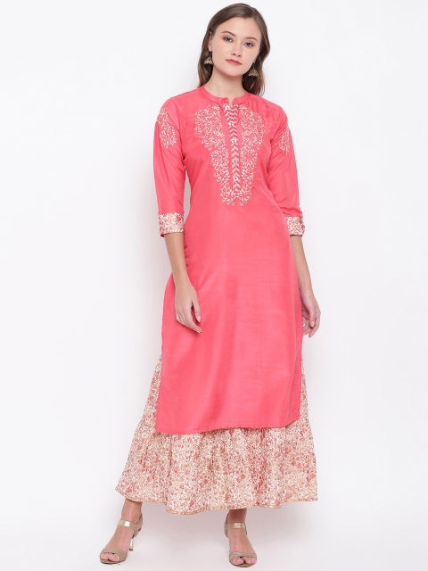 

Vbuyz Women Pink & Cream-Coloured Embroidered Kurti with Sharara