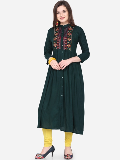 

Silk Bazar Women Green Embroidered Fit and Flare Dress