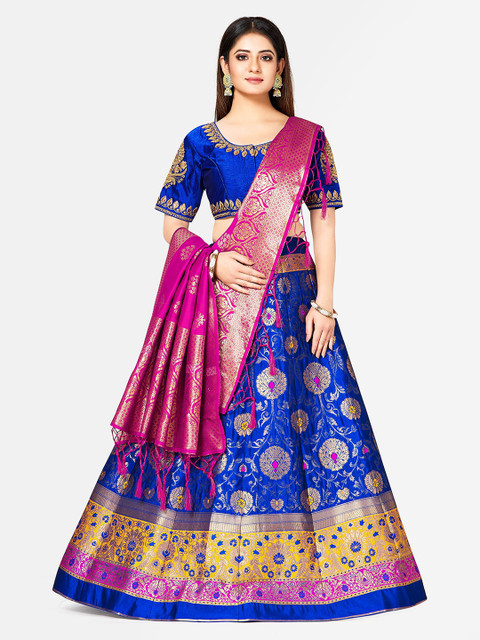 

MIMOSA Blue & Pink Embroidered Semi-Stitched Lehenga & Blouse with Dupatta