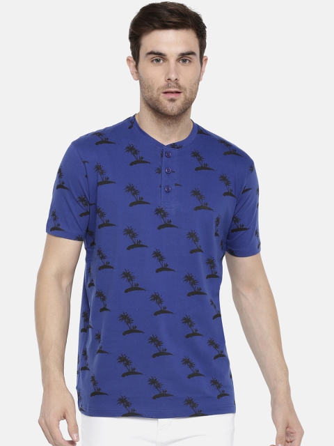 

JDC Men Blue & Black Printed Mandarin Collar T-shirt