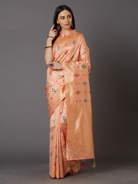 

Mitera Peach-Coloured & Gold-Coloured Silk Blend Woven Design Kanjeevaram Saree