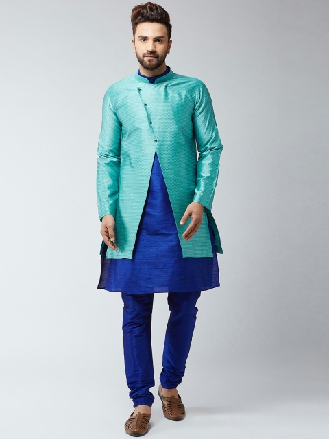 

SOJANYA Men Blue & Sea Green Woven Design Sherwani Set