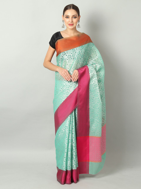 

EthnicRoom Sea Green & Pink Supernet Handloom Woven Design Kota Saree