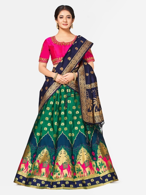 

MIMOSA Green & Navy Blue Embroidered Semi-Stitched Lehenga & Blouse with Dupatta