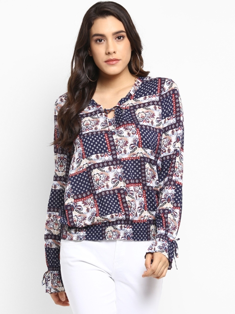 

KVL Women Navy Blue Printed Blouson Top