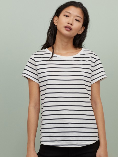 

H&M Women White & Black Striped T-shirt