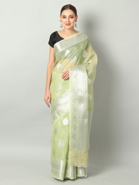 

EthnicRoom Lime Green & Silver-Toned Handloom Woven Design Banarasi Saree