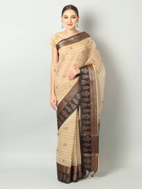 

EthnicRoom Cream-Coloured & Black Organza Checked Handloom Banarasi Saree