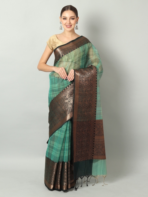 

EthnicRoom Sea Green & Black Organza Checked Handloom Banarasi Saree