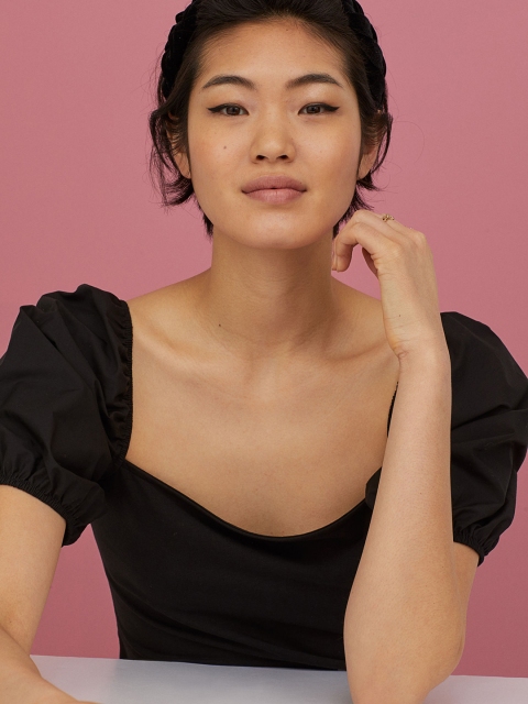 H&M Women Black Solid Puff-Sleeved Top