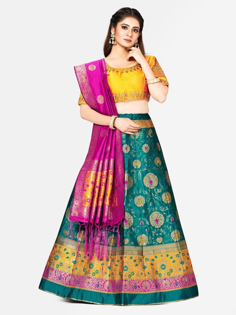

MIMOSA Sea Green & Orange Embroidered Semi-Stitched Lehenga & Blouse with Dupatta
