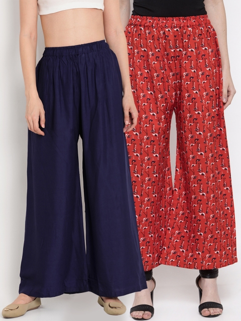 

TAG 7 Women Set of 2 Red & Navy Blue Printed Wide Leg Palazzos