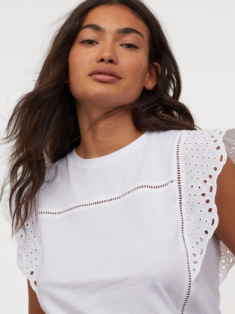 

H&M Women White Solid Broderie Anglaise-Detail Top