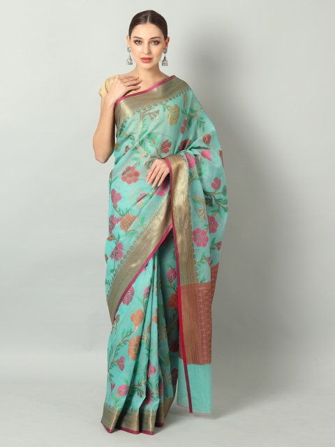 

EthnicRoom Blue & Gold-Toned Silk Cotton Woven Design Banarasi Saree