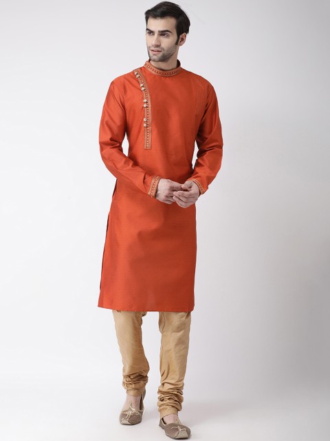 

SG LEMAN Men Orange & Beige Self Design Kurta with Churidar