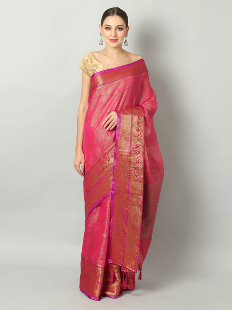 

EthnicRoom Pink & Gold-Toned Handloom Woven Design Banarasi Saree