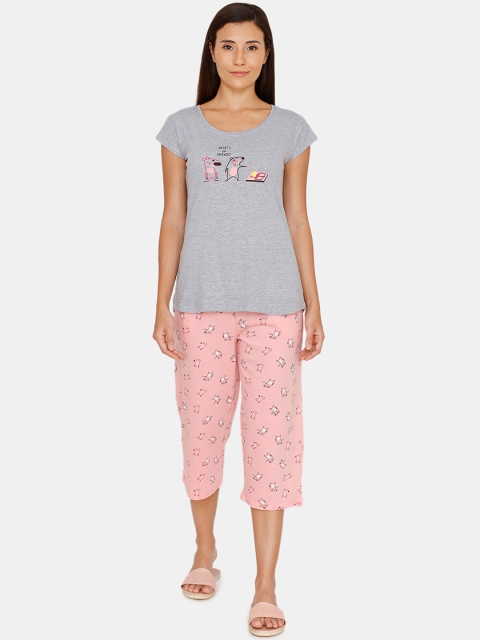 Zivame Women Grey & Pink Printed Night suit