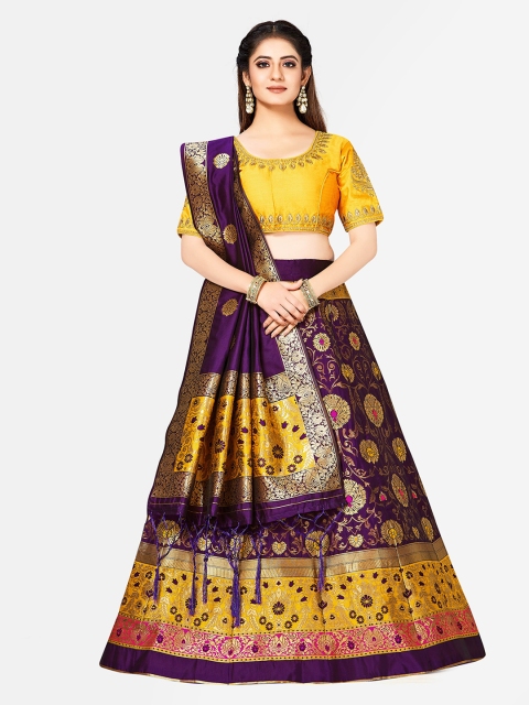 

MIMOSA Purple & Yellow Woven Design Semi-Stitched Bridal Lehenga & Blouse with Dupatta