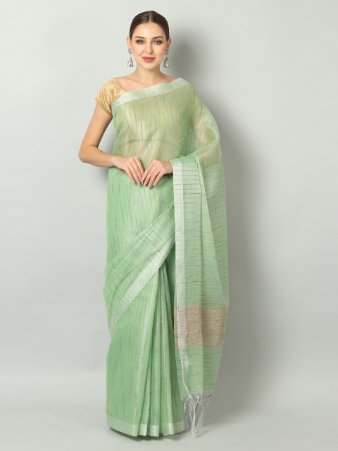 

EthnicRoom Green Linen Blend Striped Handloom Banarasi Saree