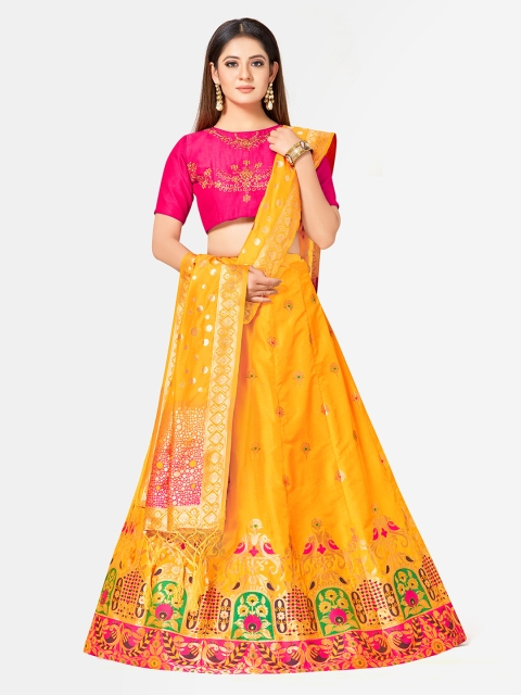 

MIMOSA Yellow & Pink Embroidered Semi-Stitched Lehenga & Blouse with Dupatta