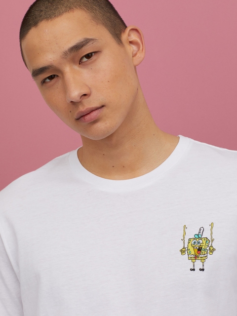 

H&M Men White & Purple Printed T-Shirt