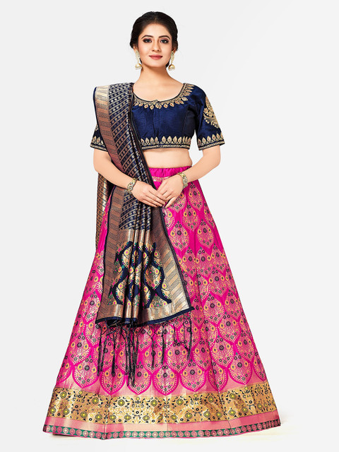 

MIMOSA Pink & Navy Blue Embroidered Semi-Stitched Lehenga & Blouse with Dupatta