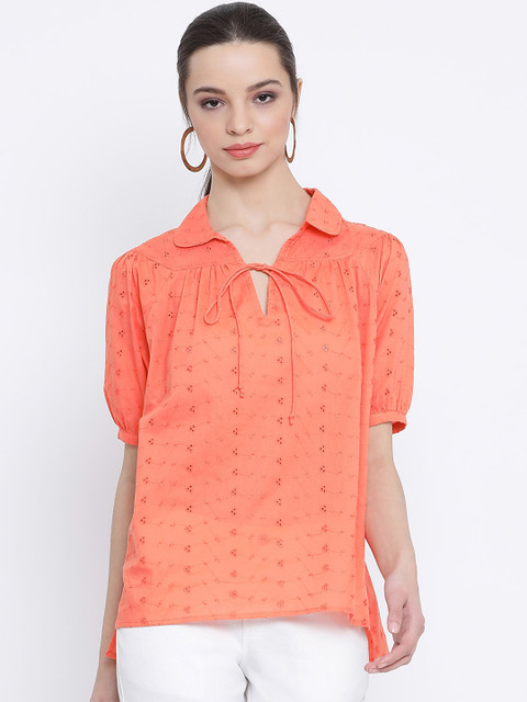 

Oxolloxo Women Orange Self Design Pure Cotton Top