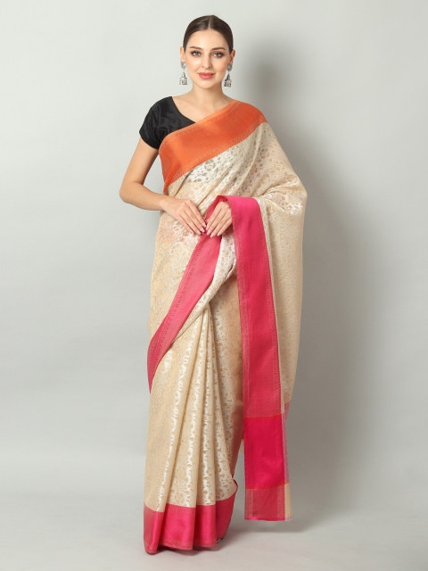 

EthnicRoom Cream-Coloured & Pink Supernet Handloom Woven Design Kota Saree