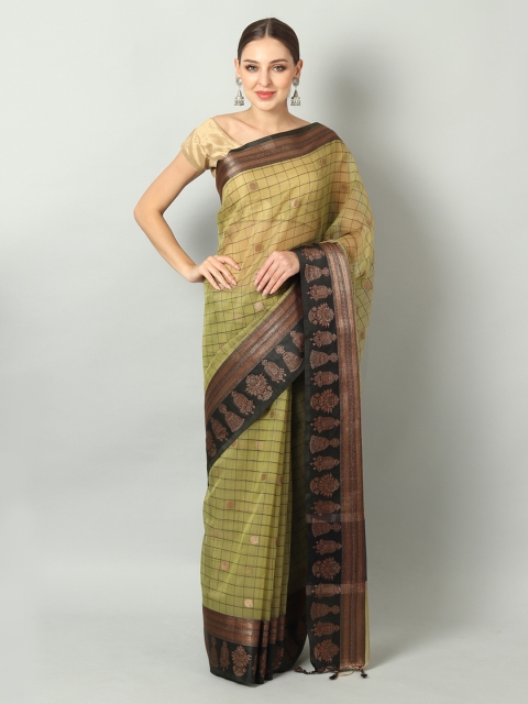 

EthnicRoom Olive Green & Black Organza Handloom Checked Banarasi Saree