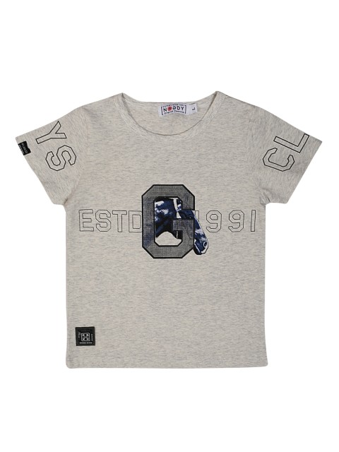 

Noddy Boys Grey Melange & Black Printed Round Neck T-shirt