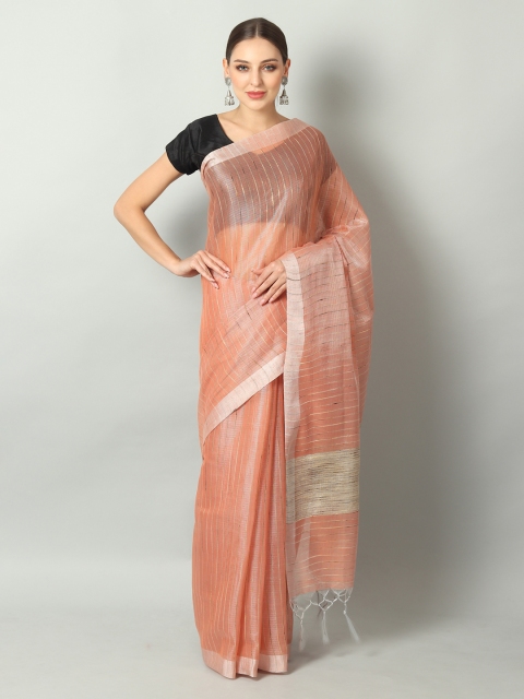 

EthnicRoom Peach-Coloured Linen Blend Handloom Striped Banarasi Saree
