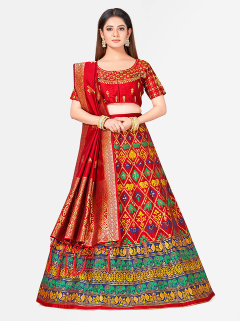 

MIMOSA Red & Yellow Woven Design Semi-Stitched Bridal Lehenga & Blouse with Dupatta